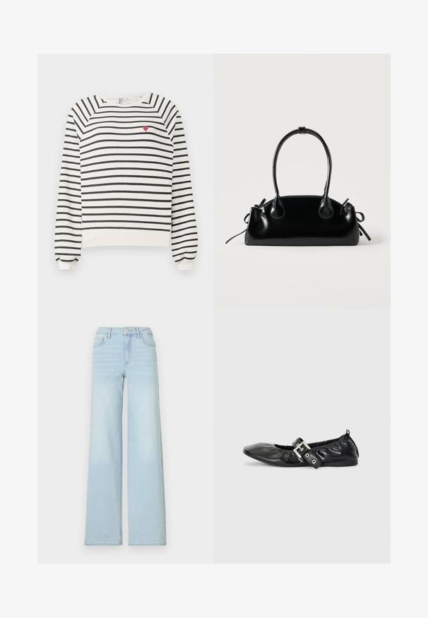 Pruhovaná mikina v off-white a čiernej farbe s raglánovými rukávmi, okrúhlym výstrihom a malou výšivkou červenej srdiečka na hrudi. Mäkká látka.; Svetlomodré široké džínsy vyrobené z denimu s klasickým dizajnom piatich vreciek a predným gombíkom na zapínanie. Obsahujú mierne vyblednutie vpredu.; Čierna kožená plochá obuv s špicatou špičkou, zberaným detailom okolo otvoru a strieborným prackovým akcentom na nastaviteľnom remienku.; Malá čierna lesklá kabelka s dvoma dlhými rúčkami a bočnými šnúrkovými detailmi na jednoduchom svetlom pozadí.