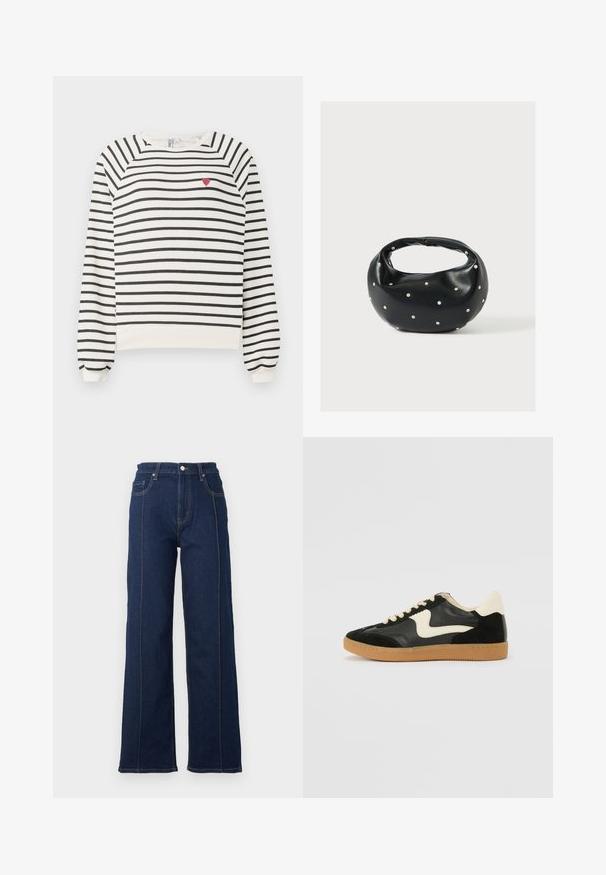 Sweatshirt rayé en blanc cassé et noir avec des manches raglan, un col rond et une petite broderie en forme de cœur rouge sur la poitrine. Tissu doux.; Jean large en denim bleu foncé avec des coutures visibles, taille haute et cinq poches. Présente une fermeture à bouton et à glissière à l'avant.; Baskets en daim et cuir noir avec un swoosh latéral crème et un talon crème clair. Dotées de lacets beige et d'une semelle en caoutchouc gomme.; Sac à main en cuir noir de forme arrondie, décoré de clous argentés et équipé d'une poignée courte. Texture lisse et fermeture éclair.