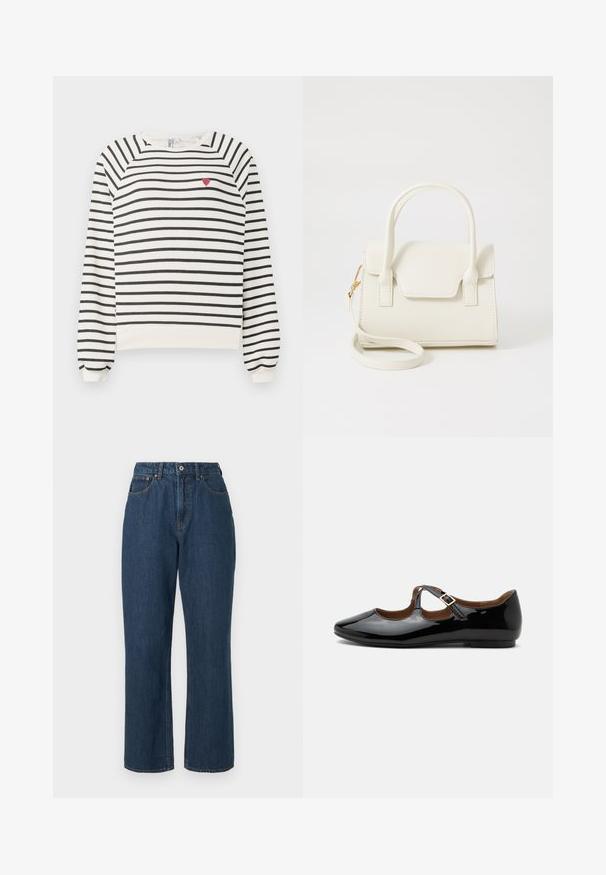 Stribet sweatshirt i off-white og sort med raglanærmer, rund halsudskæring og lille rød hjertebroderi på brystet. Blødt stof.; Blå denim jeans med høj talje, bred bendesign, synlig syning og en enkelt knaplukning fortil. Struktureret stof med en glat finish.; Sort laklæder Mary Jane-flad sko med to udskæringer og en guldbuckelrem på hvid baggrund.; Lille hvid håndtaske med dobbelte håndtag, frontklap og aftagelig skulderrem med guldlås på hvid baggrund.