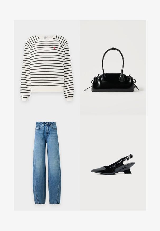 Sweatshirt rayé en blanc cassé et noir avec des manches raglan, un col rond et une petite broderie en forme de cœur rouge sur la poitrine. Tissu doux.; Jean en denim bleu taille haute avec jambes larges, fermeture devant par bouton et zip, poches avant et arrière, présenté sur un fond uni.; Chaussure slingback en cuir verni noir avec bout pointu et petit talon bloc incliné sur fond clair uni.; Petit sac à main noir brillant avec deux longues anses et des détails à cordon sur les côtés sur un fond clair uni.