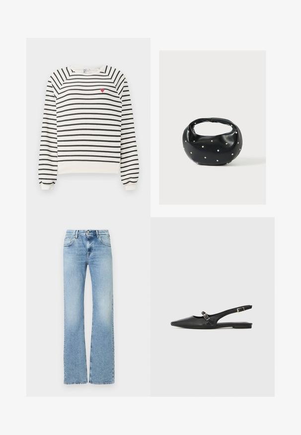 Pruhovaná mikina v off-white a čiernej farbe s raglánovými rukávmi, okrúhlym výstrihom a malou výšivkou červenej srdiečka na hrudi. Mäkká látka.; Svetlomodré džínsové nohavice s vysokým pásom a jemným vyblednutím, s predným gombíkom, zipsovým zapínaním a dizajnom s piatimi vreckami, rovný strih.; Čierne kožené topánky so špičatou špičkou, s úzkym remienkom a striebornou prackou na boku. Plochá podrážka.; Čierna kožená kabelka s zaobleným tvarom, zdobená striebornými cvočkami a krátkym rúčkou. Hladká textúra a zapínanie na zips.