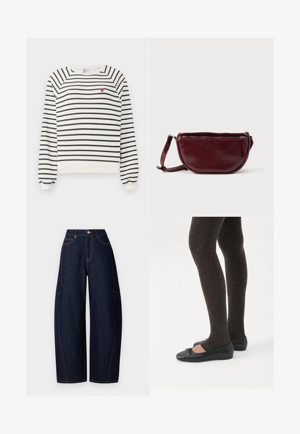 Sudadera rayada en blanco y negro con mangas raglán, escote redondo y pequeño bordado de un corazón rojo en el pecho. Tejido suave.; Pantalones de mezclilla oscuros de pierna ancha con costuras naranjas en contraste, cinco bolsillos y un cierre de botón y cremallera en la cintura.; Piernas con leggings oscuros acanalados combinados con bailarinas negras que presentan pequeños detalles de lazo sobre un fondo blanco.; Bolso de mano de cuero granate con forma de media luna, cierre de cremallera y una correa desmontable. Textura suave con un brillo sutil.
