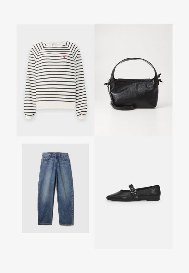 Sweatshirt rayé en blanc cassé et noir avec des manches raglan, un col rond et une petite broderie en forme de cœur rouge sur la poitrine. Tissu doux.; Jean en denim bleu avec une coupe décontractée, comportant cinq poches, des rivets en cuivre et un lavage décoloré. Jambes droites avec un ourlet propre.; Chaussure plate en cuir noir avec un bout arrondi, une seule sangle réglable à boucle et une texture lisse et brillante. Design minimaliste avec un petit talon.; Sac à main en cuir noir au design structuré, avec une poignée arrondie et une bandoulière amovible. Présente une texture lisse et un éclat subtil.