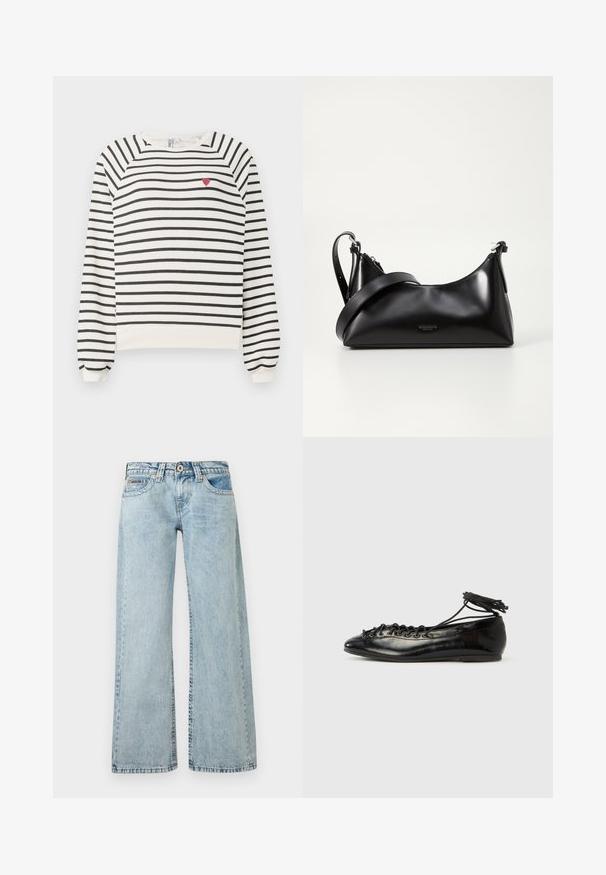 Sweatshirt rayé en blanc cassé et noir avec des manches raglan, un col rond et une petite broderie en forme de cœur rouge sur la poitrine. Tissu doux.; Jean bleu clair taille haute à jambes larges avec fermeture par bouton et fermeture éclair, poches avant et arrière, et coutures visibles.; Ballerines en cuir verni noir avec un bout rond, un design à lacets et une semelle plate. Texture lisse avec peu de détails.; Sac à main en cuir noir avec une texture lisse. Dispose d'une bandoulière adjustable et d'un design élégant et minimaliste avec une fermeture éclair.