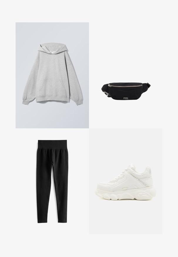 Lichtgrijze hooded sweater met lange mouwen, voorzak, geribde boorden en een "Weekday" label binnenin de kraag.; Zwarte geribde legging met een brede, elastische tailleband. De stof lijkt rekbaar en gestructureerd, eindigend net boven de enkel.; Witte chunky sneaker met dikke zool, vetersluiting en "Buffalo"-branding op de zijkant en hiel.; Zwarte stoffen heuptas met zilveren rits en verstelbare band, voorzien van klein wit "Bimba y Lola"-logo aan de voorkant.
