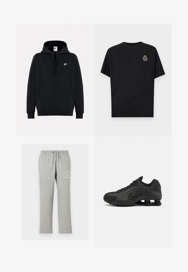 Schwarzer Nike-Hoodie mit Fronttasche, Kapuze mit Kordelzug und kleinem weißen Nike-Logo auf der linken Brust.; Schwarzes T-Shirt mit kurzen Ärmeln und kleinem beigefarbenem Wappen-Logo auf der linken Brust, das das Wort „NIKE“ in einem Lorbeer- und Kronenmotiv zeigt.; Graue Jogginghose mit elastischem Bund und Kordelzug, mit kleinem weißem rundem Logo am oberen linken Oberschenkel.; Schwarze Laufschuhe mit einem glatten synthetischen Obermaterial, durchbrochenen Akzenten, strukturierten Seitenpaneelen und einer ausgeprägten federnden Sohle.