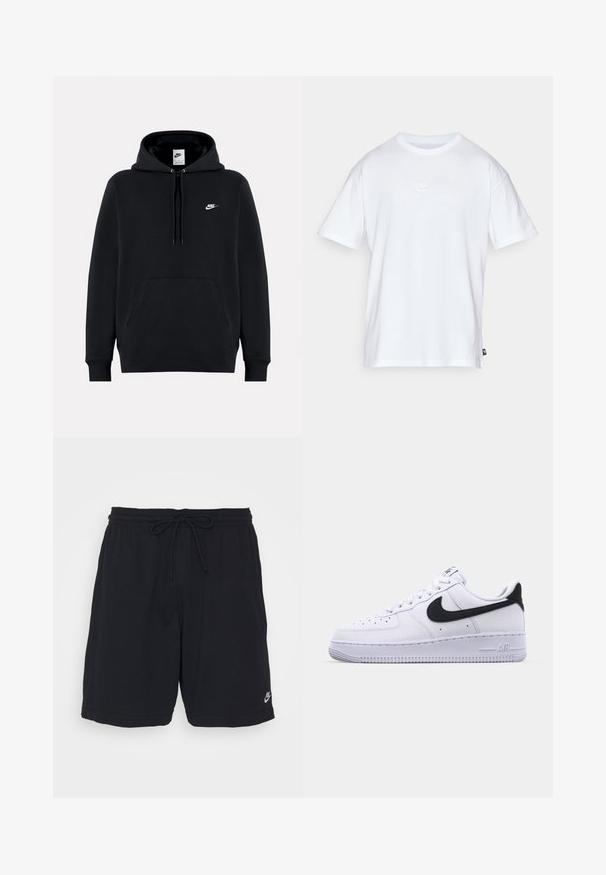 Schwarzer Nike-Hoodie mit Fronttasche, Kapuze mit Kordelzug und kleinem weißen Nike-Logo auf der linken Brust.; Weißes Baumwoll-T-Shirt mit kurzen Ärmeln und Rundhalsausschnitt. Verfügt über ein kleines, dezentes Nike-Logo auf der Brust und ein seitliches Etikett.; Schwarze Sportshorts aus weichem Stoff mit einem elastischen Bund, Kordelzug und einem kleinen aufgedruckten Logo am unteren linken Bein.; Weißes Leder-Sneaker mit einem strukturierten schwarzen Swoosh, flachen Schnürsenkeln und einer Gummisohle mit genoppetem Muster. "AIR" ist auf der Ferse eingeprägt.