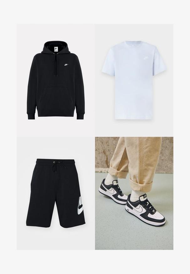 Sweat à capuche Nike noir avec poche avant, capuche à cordon et petit logo Nike blanc sur le côté gauche de la poitrine.; T-shirt en coton bleu clair avec des manches courtes, col rond, et un logo Nike blanc imprimé sur la poitrine gauche. Texture lisse, design simple.; Shorts en coton noirs avec une taille à cordon de serrage, poches latérales et un grand logo Nike blanc imprimé sur la cuisse gauche. Design athlétique classique.; Baskets Nike Air Force 1 en noir et blanc avec un dessus en cuir, orteil perforé et détail de semelle texturée, portées avec un pantalon beige retroussé et des chaussettes blanches.