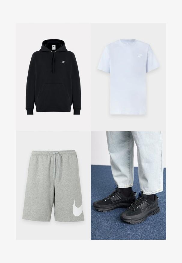 Zwarte Nike-trui met capuchon, voorvak, trekkoorden en klein wit Nike-logo op de linkerborst.; Lichtblauwe katoenen t-shirt met korte mouwen, ronde hals en een wit Nike-logo gedrukt op de linkerborst. Glad textuur, eenvoudig ontwerp.; Lichtgrijze sportshort met elastische tailleband, trekkoord en groot wit Nike Swoosh-logo op het onderste deel van het linkerbeen.; Zwarte sportschoenen met gestructureerde stof en rubberen zolen, met elastische veters en een blauwe accent op de hiel. Draag samen met lichte spijkerbroeken.