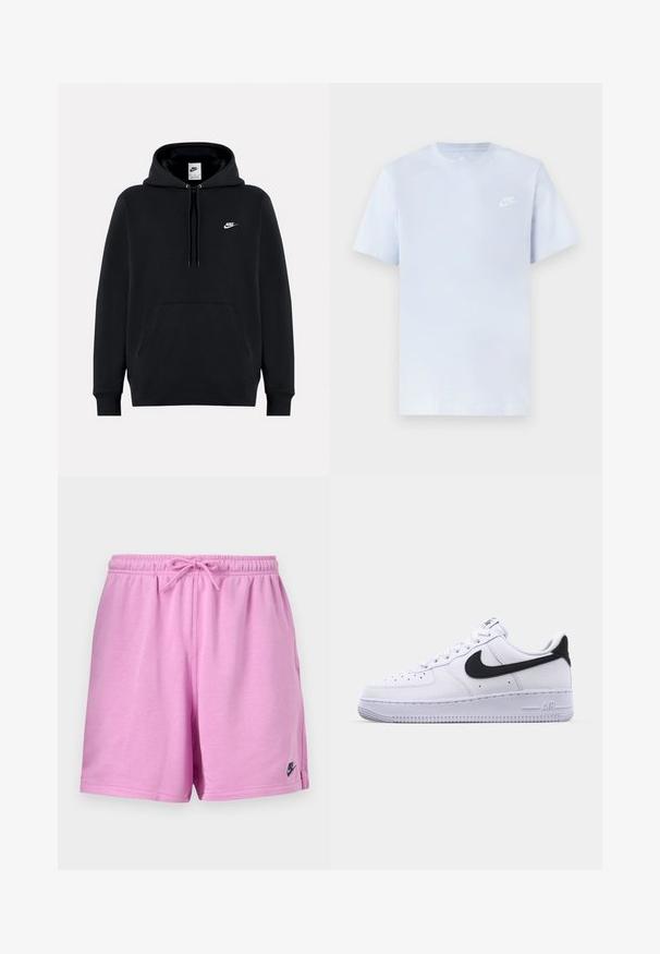 Schwarzer Nike-Hoodie mit Fronttasche, Kapuze mit Kordelzug und kleinem weißen Nike-Logo auf der linken Brust.; Hellblaue Baumwoll-T-Shirt mit kurzen Ärmeln, Rundhalsausschnitt und einem weißen Nike-Logo, das auf der linken Brust gedruckt ist. Glatte Textur, schlichtes Design.; Hellrosa Sportshorts mit elastischem Bund und Kordelzug, mit kleinem schwarzem Nike-Logo am linken Bein.; Weißes Leder-Sneaker mit einem strukturierten schwarzen Swoosh, flachen Schnürsenkeln und einer Gummisohle mit genoppetem Muster. "AIR" ist auf der Ferse eingeprägt.