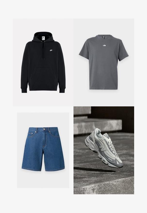 Musta Nike-huppari, jossa edessä tasku, kiristysnyörillä varustettu huppu ja pieni valkoinen Nike-logo vasemmassa rinnassa.; Harmaa lyhythihainen pikeepaita, jossa on pieni valkoinen The North Face -logo keskellä rintaa.; Siniset farkkushortsit, joissa on etunappikiinnitys ja vetoketju, kaksi etutaskua sekä kolikkotasku, esitettyinä yksinkertaisella taustalla.; Valkoinen ja harmaa New Balance 1000 -lenkkikenkä leijuu betoniaskelman yllä, taustalla portaat.