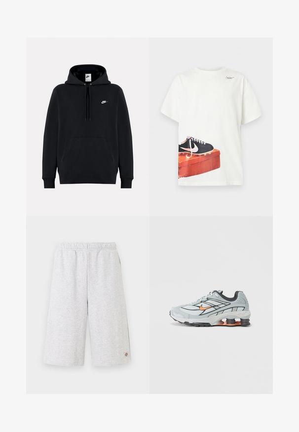 Μαύρο φούτερ Nike με τσέπη μπροστά, κουκούλα με κορδόνια και μικρό λευκό λογότυπο Nike στο αριστερό στήθος.; Λευκό T-shirt με κοντά μανίκια, με εκτυπωμένο μαύρο παπούτσι ποδοσφαίρου Nike σε ένα φθαρμένο κόκκινο κουτί παπουτσιών κοντά στο κάτω μέρος και ένα μικρό λογότυπο κοντά στη λαιμόκοψη.; Ανοιχτό γκρι σορτς μήκους μέχρι το γόνατο με ελαστική μέση και μικρό λογότυπο της μάρκας στο κάτω αριστερό πόδι.; Ανοιχτό γκρι αθλητικό παπούτσι με μαύρες λεπτομέρειες, πορτοκαλί λογότυπο, διχτυωτό επάνω μέρος, επενδεδυμένο κολάρο και λαστιχένια σόλα με ορατές μονάδες απορρόφησης κραδασμών.