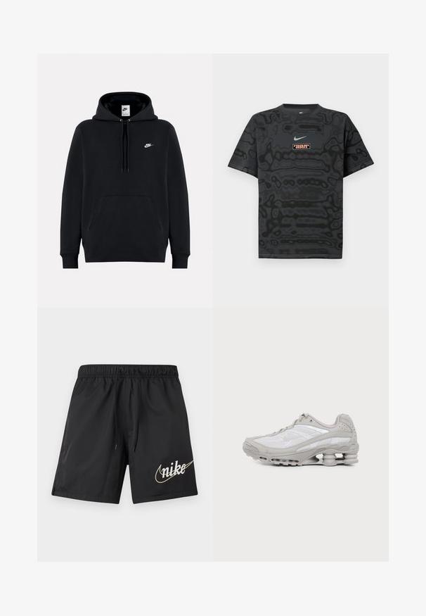 Zwarte Nike-trui met capuchon, voorvak, trekkoorden en klein wit Nike-logo op de linkerborst.; Zwart T-shirt met een gestructureerd patroon, met een klein Nike-logo in lichtblauw en een rechthoekige logopatch in contrasterende kleuren.; Zwarte sportkorte broek met een elastische tailleband en trekkoord, met een groot beige Nike-logo op het onderbeen rechts.; Grijze en witte sportschoen met zichtbare luchtkussenzool en meshpanelen, in profiel weergegeven op een eenvoudige lichte achtergrond.
