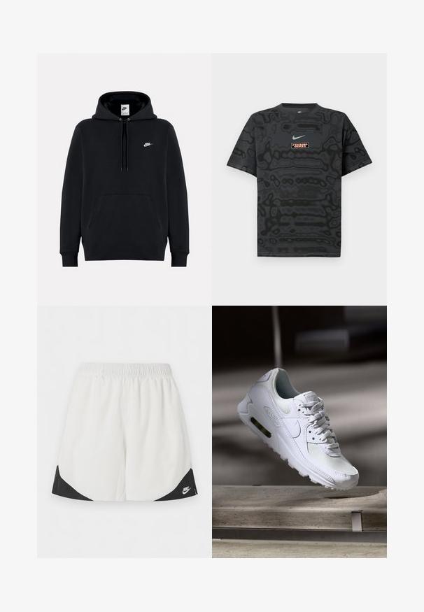 Μαύρο φούτερ Nike με τσέπη μπροστά, κουκούλα με κορδόνια και μικρό λευκό λογότυπο Nike στο αριστερό στήθος.; Μαύρο T-shirt με υφασμένο μοτίβο, που διαθέτει μικρό λογότυπο της Nike σε ανοιχτό μπλε χρώμα και ορθογώνιο ταμπελάκι σε αντίθετα χρώματα.; Λευκά αθλητικά σορτς με ελαστική μέση και μαύρες τριγωνικές πινακίδες κοντά στα ανοίγματα των ποδιών, με λευκό λογότυπο Nike στη δεξιά πλευρά.; Λευκό αθλητικό παπούτσι Nike Air Max 90 με άνω μέρος από διχτυωτό και δερμάτινο υλικό, τρυπητό μπροστινό μέρος και ορατή μονάδα αέρα στη φτέρνα.