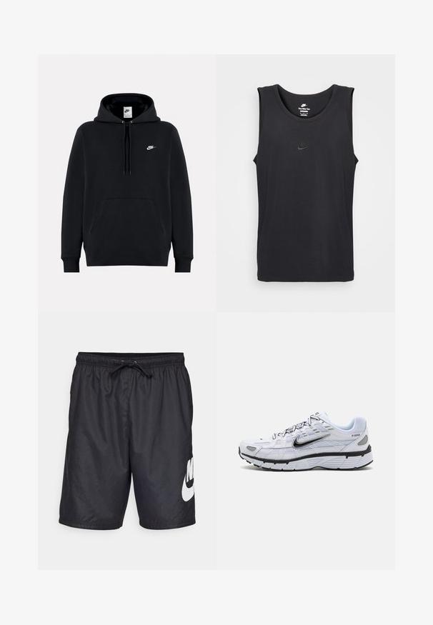 Schwarzer Nike-Hoodie mit Fronttasche, Kapuze mit Kordelzug und kleinem weißen Nike-Logo auf der linken Brust.; Schwarzes ärmelloses Nike-Tanktop aus Baumwolle, mit runder Ausschnittlinie und einem kleinen eingeprägten Logo auf der Brust. Glatter Stofftextur.; Schwarze Badehorts aus leichtem Material, ausgestattet mit einem elastischen Bund und Kordelzug sowie einem großen weißen Nike-Logo am linken Bein.; Weißer Laufschuh mit Obermaterial aus Mesh, abgerundetem Zeh, schwarzen Akzenten und gemusterter Sohle. Verfügt über Schnürung und Branding an der Seite.