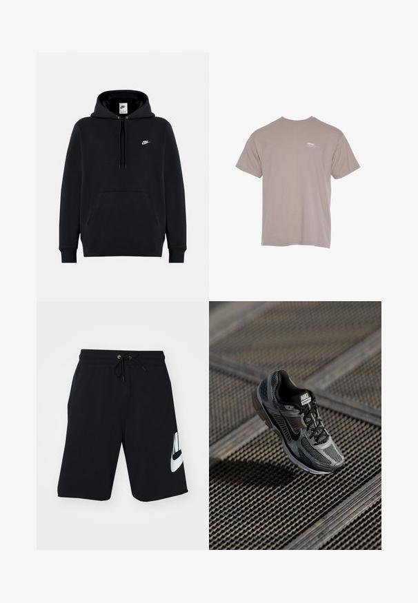Musta Nike-huppari, jossa edessä tasku, kiristysnyörillä varustettu huppu ja pieni valkoinen Nike-logo vasemmassa rinnassa.; Valkoinen puuvillainen t-paita, jossa on lyhyet hihat ja pyöreä kaula-aukko. Vasemmassa rinnassa on pieni valkoinen logo. Pehmeä koostumus, rento malli.; Mustat puuvillashortsit, joissa on naru vyötäröllä, sivutaskut ja suuri valkoinen Nike-logo vasemmassa reidessä. Klassinen urheilullinen muotoilu.; Nike Vomero 5 lenkkari sisältää harmaan verkko- ja synteettipinnan, mustia yksityiskohtia, pehmustetun varren ja pehmustetun pohjan mukavuutta varten.