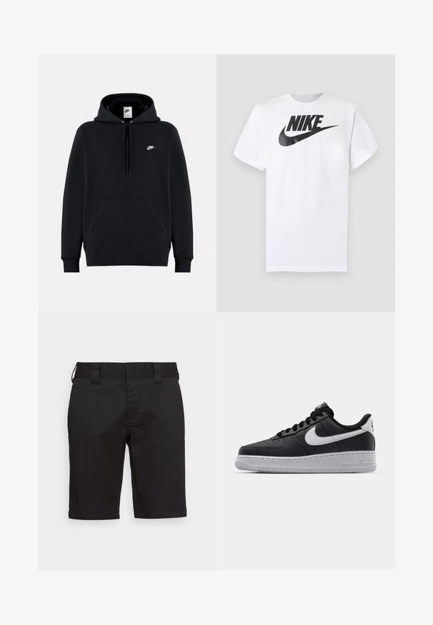 Μαύρο φούτερ Nike με τσέπη μπροστά, κουκούλα με κορδόνια και μικρό λευκό λογότυπο Nike στο αριστερό στήθος.; Λευκό κοντομάνικο T-shirt με μαύρο λογότυπο Nike και swoosh στο κέντρο του στήθους σε μονόχρωμο γκρι φόντο.; Μαύρα σορτς από гладкий ύφασμα, με ίσια γραμμή, δύο πίσω τσέπες, επίπεδη ζώνη και θηλιές ζώνης. Χωρίς ορατά σχέδια ή διακοσμητικά στοιχεία.; Μαύρο δερμάτινο αθλητικό παπούτσι με υφασμάτινη επιφάνεια, άσπρο λογότυπο Nike, γκρίζα σόλα, στρογγυλή μύτη και σχέδιο με κορδόνια. Διαθέτει διάτρητα σημεία στην περιοχή της μύτης.