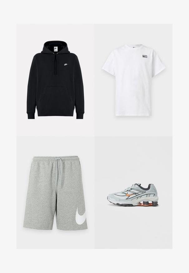 Sort Nike-hættetrøje med frontlomme, snøre i hætten og lille hvid Nike-logo på venstre bryst.; Hvid T-shirt med korte ærmer og rund hals med lille sort Nike swoosh-logo i en rektangel på venstre bryst.; Lysegrå atletikshorts med elastisk linning, snøre og stort hvidt Nike-swoosh-logo på nederste venstre ben.; Lyst grå løbesko med sorte detaljer, orange logo, mesh-overdel, polstret krave og gummisål med synlige stødabsorberende enheder.