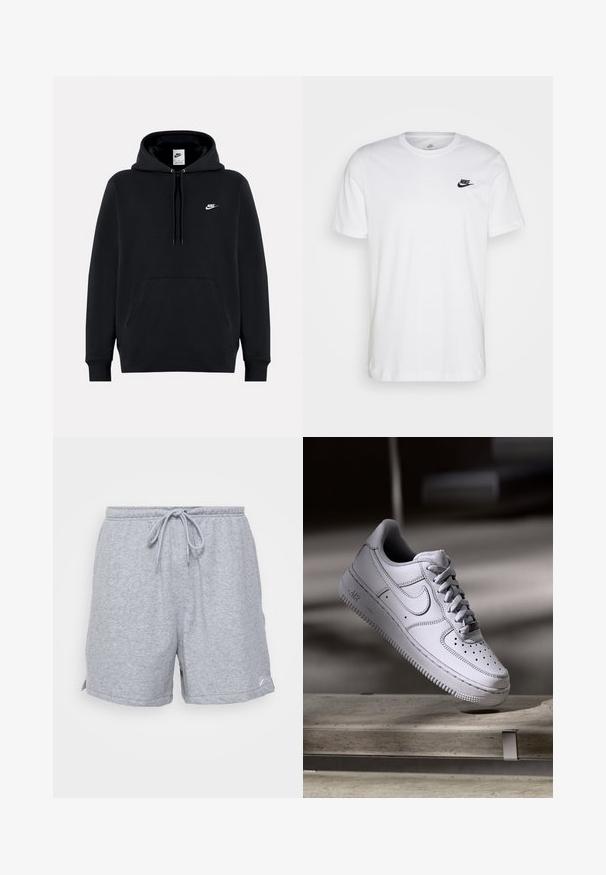 Schwarzer Nike-Hoodie mit Fronttasche, Kapuze mit Kordelzug und kleinem weißen Nike-Logo auf der linken Brust.; Weißes Baumwoll-T-Shirt mit Rundhalsausschnitt, kurzen Ärmeln und einem schwarzen Nike-Logo auf der linken Brust. Einfaches, einfarbiges Design.; Graue Baumwoll-Sportshorts mit einem verstellbaren Kordelzugbund, seitlichen Eingrifftaschen und einem kleinen Logo am unteren Saum.; Weißer Nike Air Force 1 Sneaker aus Leder mit perforierter Zehenpartie, flachen Schnürsenkeln und strukturierter Gummisohle mit "AIR"-Branding an der Seite.