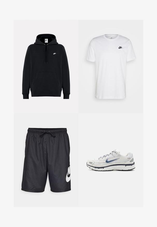 Sort Nike-hættetrøje med frontlomme, snøre i hætten og lille hvid Nike-logo på venstre bryst.; Hvid bomulds T-shirt med rund hals, korte ærmer og et sort Nike-logo på venstre bryst. Enkel, ensfarvet design.; Sorte badebukser lavet af let materiale, med en elastisk talje med snor og et stort hvidt Nike-logo på venstre ben.; Nike Sportswear P 6000 - Sneakers - phantom/obsidian/summit white/white/black/metallic silver