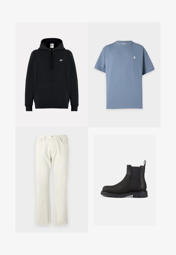 Sort Nike-hættetrøje med frontlomme, snøre i hætten og lille hvid Nike-logo på venstre bryst.; Ensfarvet blå T-shirt med korte ærmer med lille hvidt logo på venstre bryst og rund halsudskæring.; Lys beige straight-leg jeans lavet af bomuldsdenim. Har lommer, en klassisk knaplukning og en subtil tekstur uden mønstre.; Sorte læder Chelsea-boot med elastiske sider, trækribe og struktureret gummisål for godt greb. Slank design og understated finish.