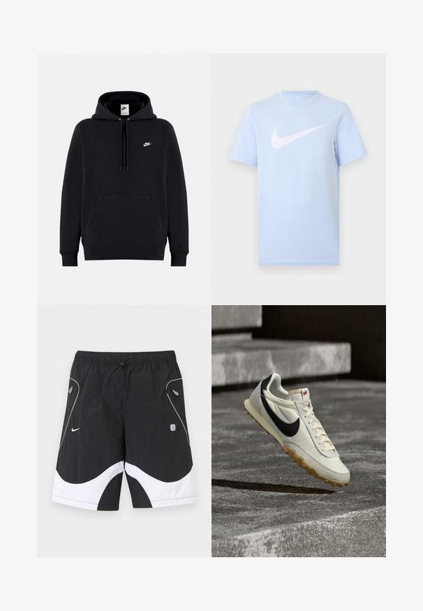 Schwarzer Nike-Hoodie mit Fronttasche, Kapuze mit Kordelzug und kleinem weißen Nike-Logo auf der linken Brust.; Hellblaues T-Shirt mit kurzen Ärmeln und einem großen weißen Nike-Swoosh-Logo, das mittig auf der Vorderseite vor einem schlichten Hintergrund platziert ist.; Schwarz-weiße Nike-Sportshorts mit elastischem Bund, Kordelzug, seitlichen Reißverschlusstaschen und reflektierendem Besatz an den Vorderpaneelen.; Weißer und schwarzer Nike-Sneaker mit Kautschuksohle, über Betontreppen schwebend, beleuchtet von natürlichem Sonnenlicht.