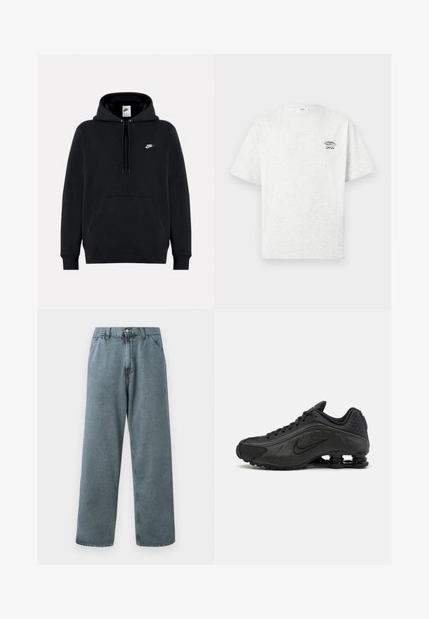 Musta Nike-huppari, jossa edessä tasku, kiristysnyörillä varustettu huppu ja pieni valkoinen Nike-logo vasemmassa rinnassa.; Vaaleanharmaa lyhythihainen pyöreäkauluksinen t-paita, jossa pieni musta logo ja "MXVI"-teksti vasemmassa ylärintassa.; Vaaleansiniset farkut, joissa on suora lahje, klassinen nappikiinnitys ja viisi taskua. Pehmeä rakenne ja vähäiset ompeluelementit.; Mustat juoksukengät, joissa on sileä synteettinen päällinen, rei'itetyt yksityiskohdat, teksturoidut sivupaneelit ja erottuva joustava pohja.