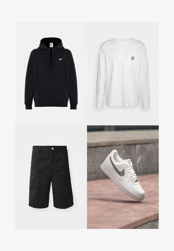 Μαύρο φούτερ Nike με τσέπη μπροστά, κουκούλα με κορδόνια και μικρό λευκό λογότυπο Nike στο αριστερό στήθος.; Λευκό πουκάμισο μακρύ μανίκι από βαμβάκι, με τσέπη στο στήθος που διαθέτει τετράγωνη λογότυπη ετικέτα. Απλός σχεδιασμός με στρογγυλή λαιμόκοψη και μανίκια με μανσέτες.; Μαύρες βαμβακερές βερμούδες με ίσια γραμμή, θηλιές για ζώνη, κούμπωμα με μεταλλικό κουμπί και χωρίς ορατά μοτίβα ή αξεσουάρ.; Λευκό sneaker Nike Air Force 1 με γκρι λογότυπο swoosh να αιωρείται πάνω από μια πέτρινη επιφάνεια και φόντο από γκρι πέτρινο τοίχο.