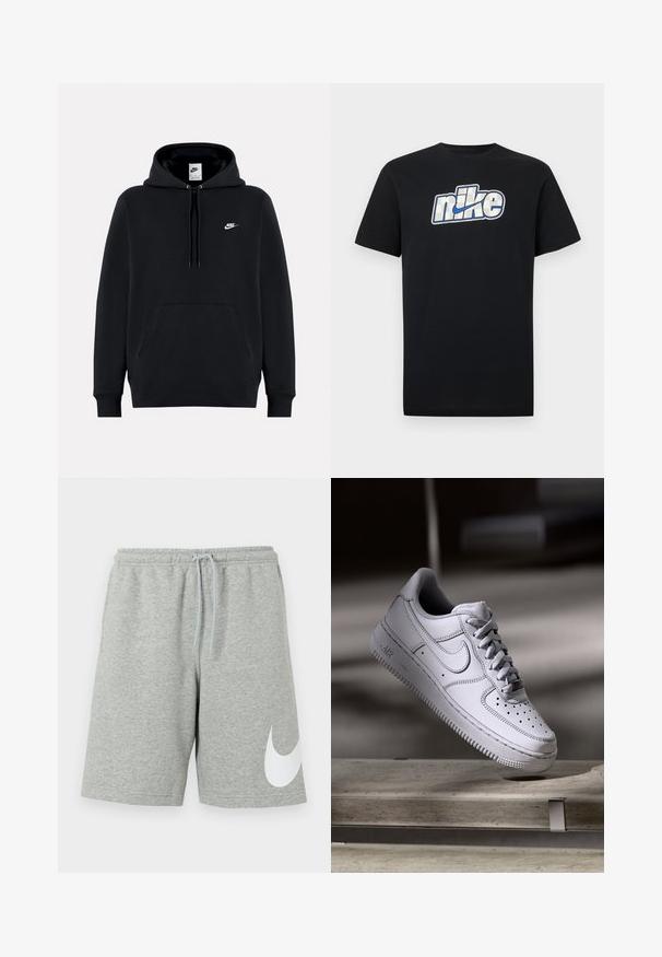 Sort Nike-hættetrøje med frontlomme, snøre i hætten og lille hvid Nike-logo på venstre bryst.; Sort T-shirt med korte ærmer og en stor hvid og blå Nike-logo og swoosh centreret på brystet.; Lysegrå atletikshorts med elastisk linning, snøre og stort hvidt Nike-swoosh-logo på nederste venstre ben.; Hvid læder Nike Air Force 1 sneaker med perforeret tå, flade snørebånd og tekstureret gummisål med "AIR" branding på siden.