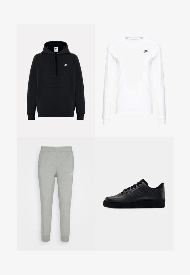 Μαύρο φούτερ Nike με τσέπη μπροστά, κουκούλα με κορδόνια και μικρό λευκό λογότυπο Nike στο αριστερό στήθος.; Λευκό μπλουζάκι με μακριά μανίκια από βαμβάκι, με ένα μικρό μαύρο λογότυπο Nike στην αριστερή πλευρά του στήθους και στρογγυλή λαιμόκοψη. Λείος υφή.; Γκρί φόρμες από μαλακό ύφασμα, με σχέδιο που στενεύει προς τα κάτω, ελαστική μέση και μικρό λευκό λογότυπο Nike στο αριστερό μηρό.; Μαύρο παπούτσι Nike Air Force 1 με λείο δερμάτινο άνω μέρος, τρυπητή μύτη για αναπνοή, μαύρες κορδόνες και υφή ελαστικής σόλας.