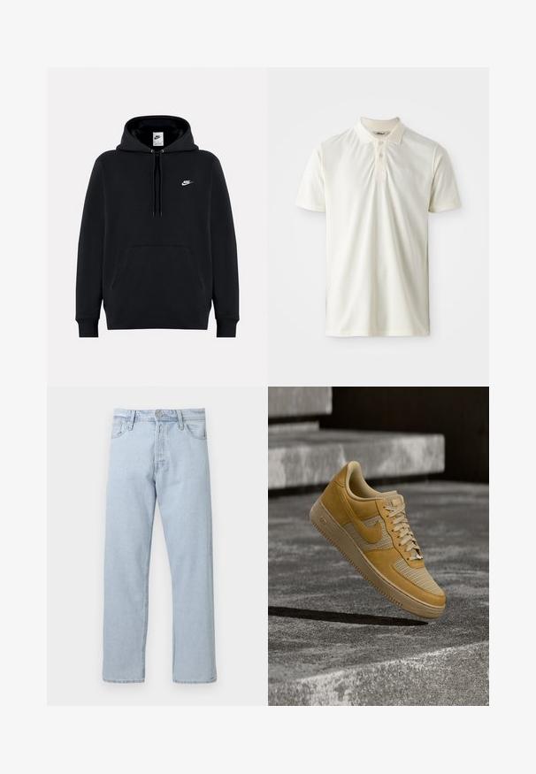 Sweat à capuche Nike noir avec poche avant, capuche à cordon et petit logo Nike blanc sur le côté gauche de la poitrine.; Polo-shirt beige clair en tissu doux, avec un col, un patte de boutonnage à trois boutons et un broderie de logo discrète sur la poitrine.; Jean droit en denim bleu clair avec fermeture par bouton et zip à l’avant, passants de ceinture et poches avant sur fond blanc.; Baskets Nike Air Force 1 beige et marron clair flottant au-dessus d'une surface en béton avec des marches en pierre en arrière-plan.
