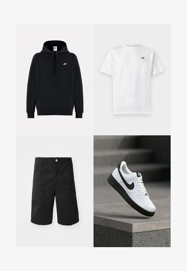 Sort Nike-hættetrøje med frontlomme, snøre i hætten og lille hvid Nike-logo på venstre bryst.; Hvid t-shirt med korte ærmer og rund halsudskæring med et lille sort New Balance-logo på øverste venstre bryst på en ensartet lys baggrund.; Sorte bomuldsshorts med lige snit, bæltestropper, metalknaplukning og uden synlige mønstre eller accenter.; Hvid lædersneaker med sorte detaljer, rundet tå og perforerede detaljer. Sort gummisål med tekstureret mønster og snørelukning.