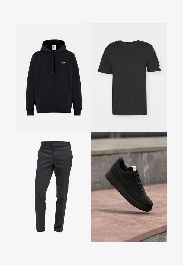 Μαύρο φούτερ Nike με τσέπη μπροστά, κουκούλα με κορδόνια και μικρό λευκό λογότυπο Nike στο αριστερό στήθος.; Μαύρο T-shirt φτιαγμένο από απαλό βαμβάκι, με κοντό μανίκι και στρογγυλή λαιμόκοψη. Απλός σχεδιασμός με ένα μικρό λογότυπο στο αριστερό μανίκι.; Μαύρο κολαν παντελόνι φτιαγμένο από λείο ύφασμα, με ίσια γραμμή, θηλιές για ζώνη και κλασικό κλείσιμο μπροστά.; Μαύρο αθλητικό παπούτσι Nike Air Force 1 που αιωρείται πάνω από μια ροζ τσιμεντένια ακμή με γκρι πέτρινο φόντο, δείχνοντας λεπτομέρειες από το πλάι και από πάνω.