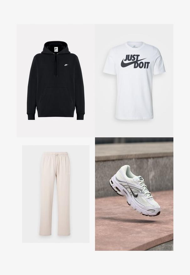 Zwarte Nike-trui met capuchon, voorvak, trekkoorden en klein wit Nike-logo op de linkerborst.; Witte katoenen t-shirt met een opvallend zwart "Just Do It" logo en de Nike swoosh. Klassiek crew neck ontwerp met korte mouwen.; Lichtbeige Nike sweatpants met elastische tailleband en trekkoord, rechte pijpen en klein wit Nike-logo op de linker dij.; Witte en grijze Nike hardloopschoen die in de lucht zweeft boven roodbruin asfalt, met vage betonnen trappen op de achtergrond.