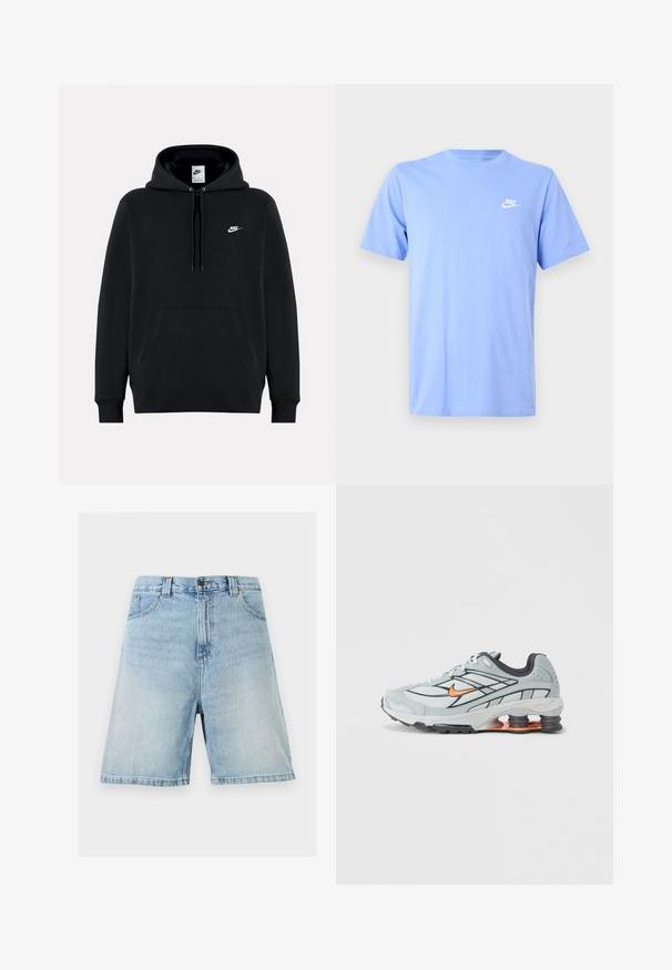 Schwarzer Nike-Hoodie mit Fronttasche, Kapuze mit Kordelzug und kleinem weißen Nike-Logo auf der linken Brust.; Hellblaues Baumwoll-T-Shirt mit kurzen Ärmeln, rundem Ausschnitt und kleinem weißem Nike-Logo auf der linken Brust. Glatte Textur, lässiges Design.; Hellblaue Jeansshorts mit vorderem Knopf, Reißverschluss, Gürtelschlaufen und Vordertaschen, auf einfachem Hintergrund dargestellt.; Hellgrauer Laufschuh mit schwarzen Akzenten, orangefarbenem Logo, Mesh-Obermaterial, gepolstertem Schaft und Gummisohle mit sichtbaren stoßdämpfenden Einheiten.