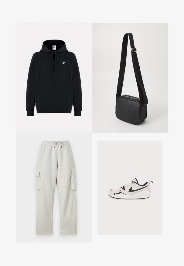 Musta Nike-huppari, jossa edessä tasku, kiristysnyörillä varustettu huppu ja pieni valkoinen Nike-logo vasemmassa rinnassa.; Vaaleanharmaat verkkarit joustavalla vyötäröllä, punapäisellä nyörillä ja suurilla läppätaskuilla molemmilla reisillä.; Valkoinen ja musta matala Nike Air Jordan -tennari, jossa punaiset logot ja verkkokangas yksinkertaisella vaalealla taustalla.; Musta olkalaukku, jossa on kuvioitu nahkapinta, suorakaiteen muotoinen, vetoketjulla suljettava ja kontrastivärinen kangashihna.