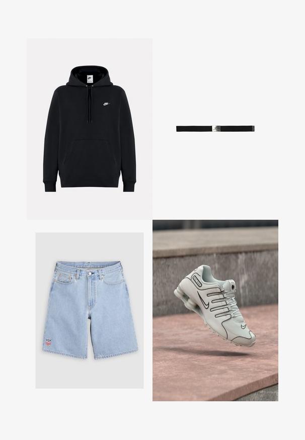 Zwarte Nike-trui met capuchon, voorvak, trekkoorden en klein wit Nike-logo op de linkerborst.; Lichtblauwe denim shorts met voorzakken, riemlussen, knoopsluiting en een klein USA-schild patch op het linkerbeen.; Witte Nike Shox sneaker met zwart logo en dempende zool, zwevend boven een roze betonnen oppervlak.; Zwarte elastische riem met een zilveren metalen gesp met het "Alpha Industries" logo, vlak ontwerp en een soepele textuur.