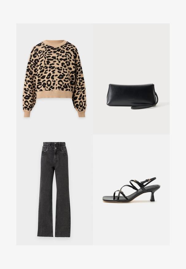 Pull beige à manches longues avec motif léopard noir, col rond, poignets et ourlet côtelés.; Des jeans noirs taille haute présentent une coupe droite, des détails légèrement déchirés et des boutons en métal au niveau de la taille.; Sandales à strapes en cuir verni noir avec un bout carré et un petit talon carré. Présente des accessoires en métal doré et des brides de cheville réglables.; Pochette en cuir noir lisse avec une fine lanière de poignet, forme rectangulaire, et logo embossé subtil centré sur le devant.