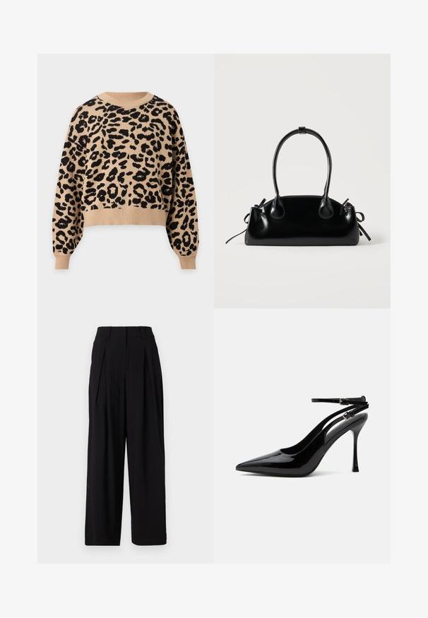 Beiger Pullover mit langen Ärmeln und schwarzem Leopardenmuster, gerippter Rundhalsausschnitt, Bündchen und Saum.; Schwarze weite Stoffhosen aus glattem Material, mit hohem Bund, Falten vorne und fließender Silhouette.; Schwarzer Lackleder-Pumps mit hohem Absatz, spitzer Kappe und doppelten Knöchelriemen mit silbernen Schnallen.; Kleine schwarze glänzende Handtasche mit zwei langen Griffen und seitlichen Kordelzug-Details vor einfachem hellem Hintergrund.