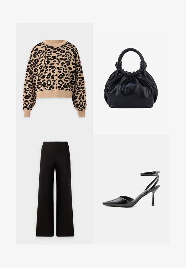 Pull beige à manches longues avec motif léopard noir, col rond, poignets et ourlet côtelés.; Pantalons larges noirs avec une taille lisse, fabriqués dans un matériau doux. Présentent une coupe ample et des détails de couture minimaux.; Escarpin noir à bout pointu avec fines brides de cheville et fermeture à boucle argentée sur fond clair uni.; Sac à main en cuir noir souple avec le dessus froncé et deux grosses poignées nouées sur un fond uni clair.