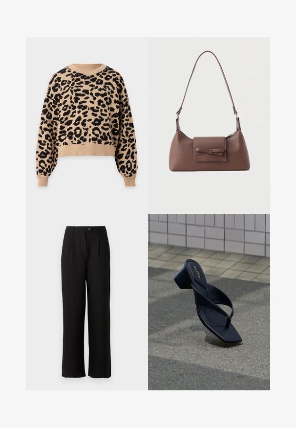 Pull beige à manches longues avec motif léopard noir, col rond, poignets et ourlet côtelés.; Pantalon noir en tissu lisse, avec une coupe droite, des plis sur le devant et une fermeture à bouton standard à la taille.; Sandale à talon noire avec un bout carré et des larges brides, présentée devant un mur carrelé et une surface texturée au sol.; Sac à bandoulière en cuir marron avec une poche à rabat avant ornée d'un détail en forme de nœud cousu et une sangle réglable.