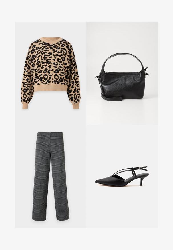 Béžový sveter s dlhými rukávmi, s čiernym leopardím vzorom, s rebrovaným okrúhlym výstrihom, manžetami a lemom.; Vero Moda VMBERLIN WIDE PANT - Nohavice - dark grey/black; Čierna kožená topánka s ostrou špičkou, nízkym kitten heel podpätkom, tenkým remienkom okolo členka s prackou, slingback dizajn, na jednoduchom svetlom pozadí.; Čierna kožená kabelka so štruktúrovaným dizajnom, okrúhlym horným uchom a odnímateľným ramenným popruhom. Má hladkú textúru a jemný lesk.