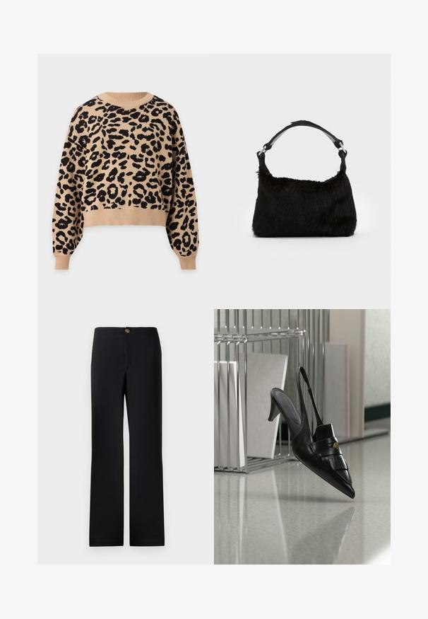Pull beige à manches longues avec motif léopard noir, col rond, poignets et ourlet côtelés.; Pantalon noir avec une coupe droite, doté d'une fermeture à bouton en or et d'un tissu lisse et texturé. Pas de poches visibles ni de motifs.; Chaussure à talon slingback en cuir noir à bout pointu avec franges et bouton doré, sur un sol réfléchissant près de porte-dossiers métalliques.; Sac à main en fausse fourrure noire avec une texture douce, une forme arrondie et une bandoulière en cuir noir robuste. Accent en métal argenté visible.
