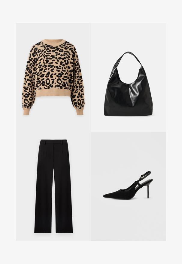 Jersey beige de manga larga con estampado de leopardo negro, cuello redondo, puños y bajo acanalados.; Pantalones negros de pierna ancha, entallados, con trabillas para cinturón y pliegues delanteros, exhibidos sobre un fondo blanco.; Tacón de tiras traseras de ante negro con punta en punta, tacón stiletto delgado, correa ajustable en el tobillo y forro interior suave.; Bolso hobo de cuero negro con una textura suave y brillante y un diseño de parte superior redondeada y abierta. Cuenta con una amplia correa curvada para llevar. Sin hardware visible.