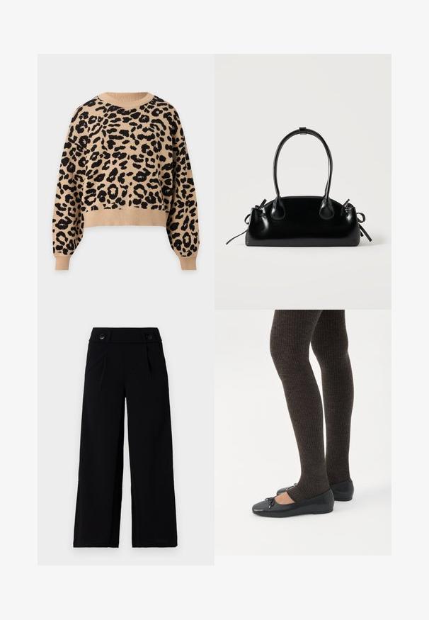 Beige trui met lange mouwen, zwart luipaardpatroon, geribde ronde hals, manchetten en zoom.; Zwarte wijde broek met een vlakke voorzijde, zijzakken en twee knopen in de taille. Soepele stof met een subtiele glans.; Benen met donkere geribbelde leggings gecombineerd met zwarte ballerina's met kleine strikdetails op een witte achtergrond.; Kleine zwarte glanzende handtas met twee lange hengsels en zijkant trekkoord details op een effen lichte achtergrond.