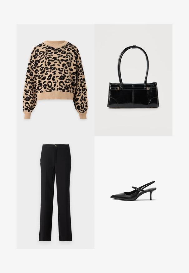 Pull beige à manches longues avec motif léopard noir, col rond, poignets et ourlet côtelés.; Pantalon noir avec une coupe droite, fabriqué en tissu lisse. Comprend une fermeture à bouton devant et des poches latérales.; Talons aiguilles noires en cuir avec un bout pointu, une fine bride réglable, et un talon aiguille d'environ 5 cm, texture lisse.; Sac à main rectangulaire noir brillant avec deux fines bretelles et petits détails de boucles dorées à l'avant.