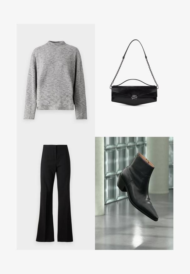 Pull en maille gris clair avec un col montant, des manches longues et une coupe décontractée. Tissu texturé avec un motif légèrement moucheté.; Pantalon noir évasé en tissu lisse, avec une taille haute, des plis sur le devant et une finition nette aux ourlets.; Bottine en cuir noir avec un bout pointu et un talon carré lévitant au-dessus d'un sol gris réfléchissant près d'un mur en blocs de verre.; Sac à main en cuir noir avec rabat angulaire, fermoir logo "K" argenté, poignée supérieure et bandoulière chaîne amovible.