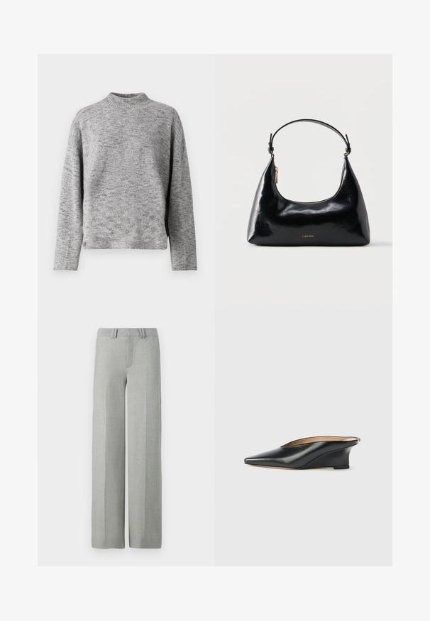 Suéter de punto gris claro con cuello alto, mangas largas y un ajuste relajado. Tejido texturizado con un sutil patrón moteado.; Pantalones gris de pierna ancha en una tela ligera, con un frente plano, presillas para cinturón y líneas limpias y ajustadas sin patrones visibles.; Zapato cuña de charol negro con punta puntiaguda y talón descubierto, con un diseño elegante y curvado de estilo minimalista.; Bolso negro brillante de Calvin Klein con cremallera dorada y correa corta sobre un fondo blanco liso.