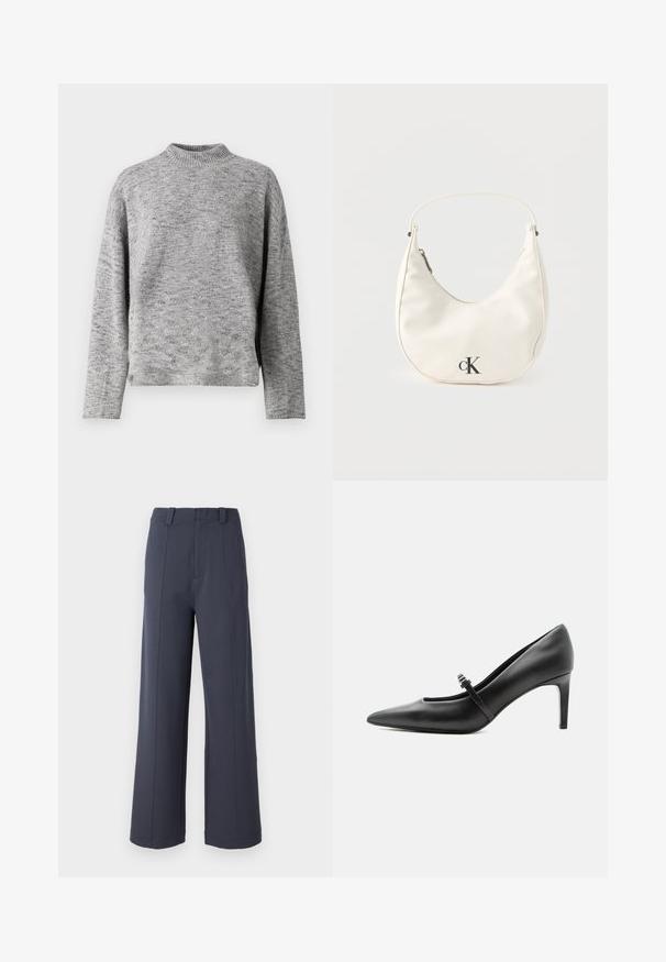 Suéter de punto gris claro con cuello alto, mangas largas y un ajuste relajado. Tejido texturizado con un sutil patrón moteado.; Pantalones de pierna ancha en tejido gris oscuro. Las características incluyen una cintura alta, pliegues en la parte delantera y una textura suave con pasadores para cinturón.; Zapato de tacón alto de cuero negro con punta puntiaguda, con tira fina y hebilla sobre el empeine, sobre fondo claro y neutro.; Pequeño bolso blanco en forma de media luna con correa corta, cierre de cremallera y logo negro "cK" en el frente.
