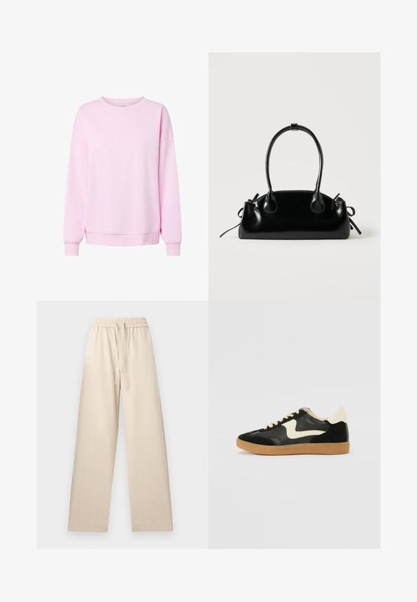 Sweat-shirt rose clair à manches longues et col rond, avec poignets et ourlet côtelés, présenté sur un fond blanc uni.; Pantalon beige à jambes larges avec taille élastique et cordon de serrage, ourlet droit, sans poches apparentes, présenté à plat sur un fond clair.; Baskets en daim et cuir noir avec un swoosh latéral crème et un talon crème clair. Dotées de lacets beige et d'une semelle en caoutchouc gomme.; Petit sac à main noir brillant avec deux longues anses et des détails à cordon sur les côtés sur un fond clair uni.